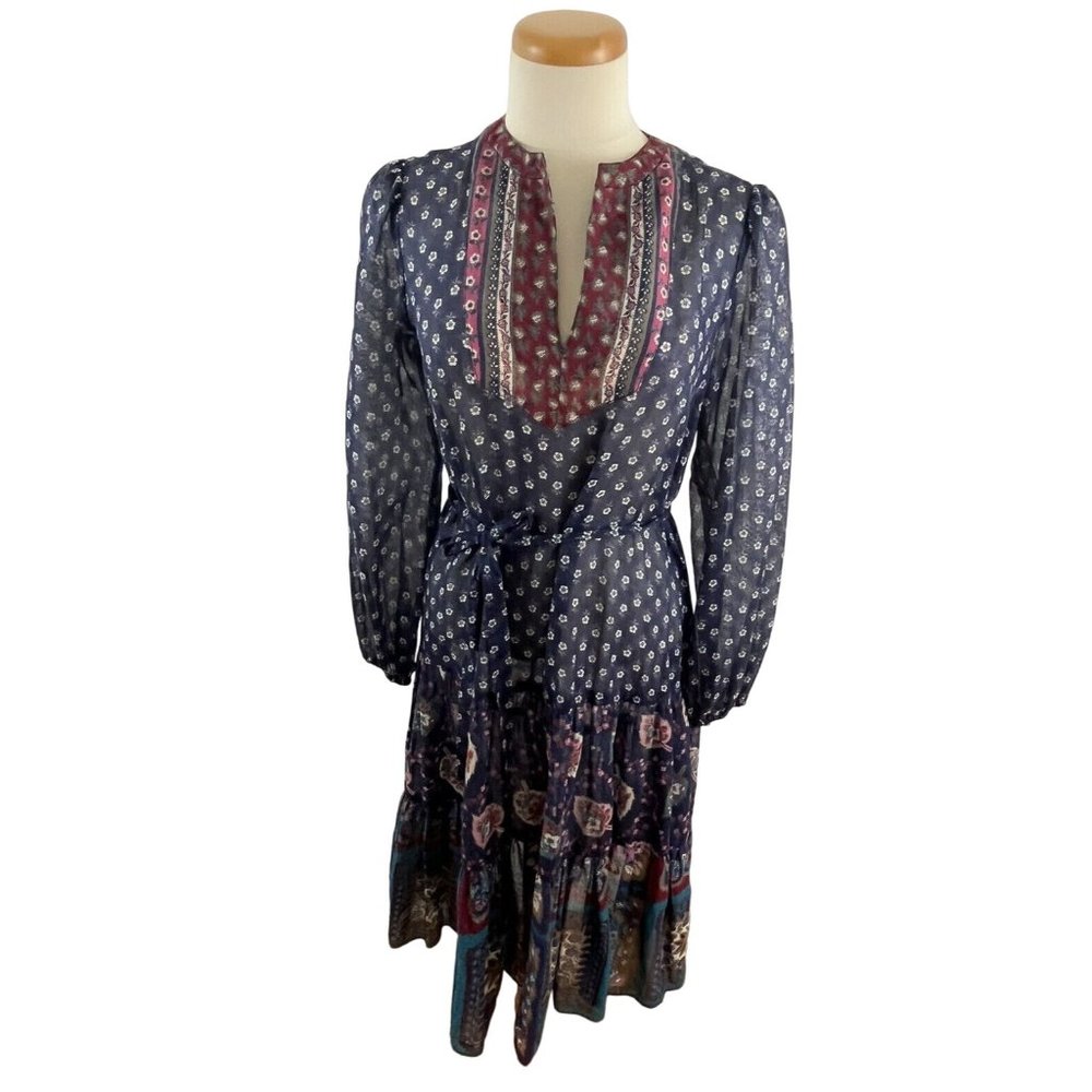 Vintage Samuel Blue Women's 14 Dress Peasant Gypsy Floral Print Midi Bohemian